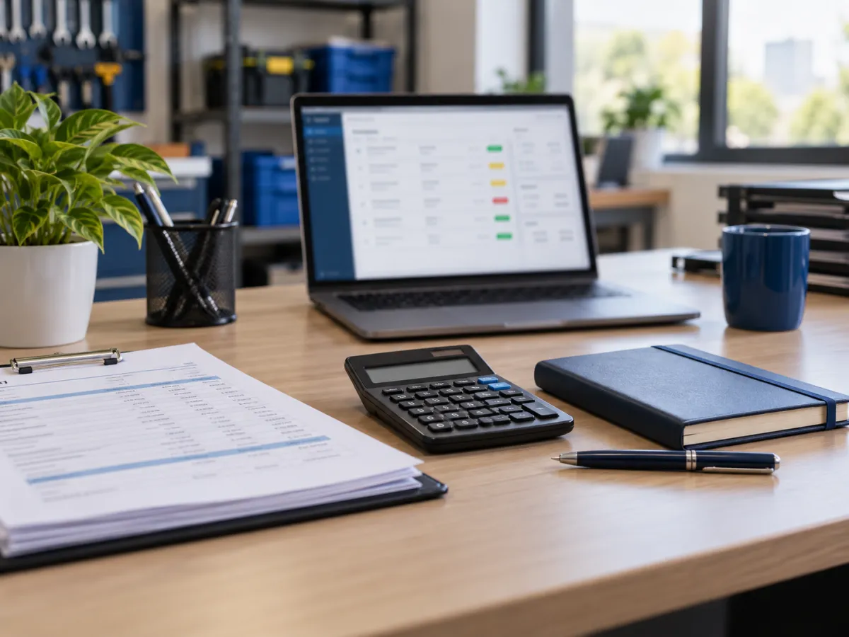 Mesa administrativa com calculadora e notebook