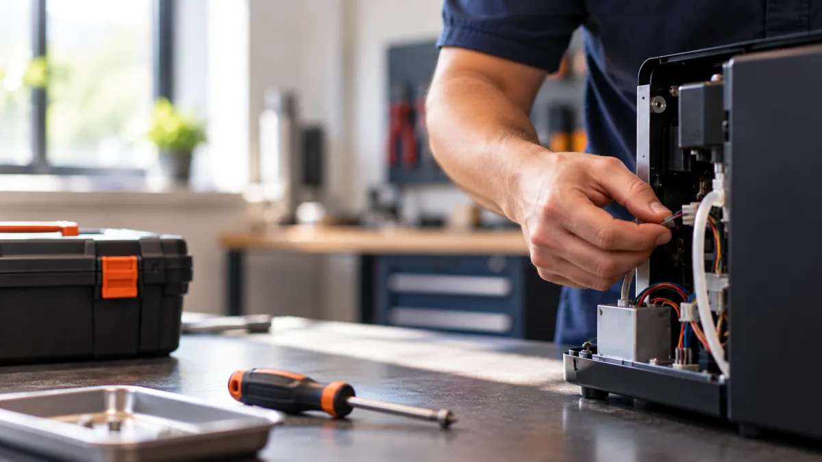 Técnico reparando aparelho eletrônico na bancada