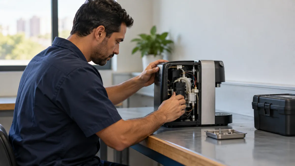 Técnico reparando aparelho eletrônico na bancada