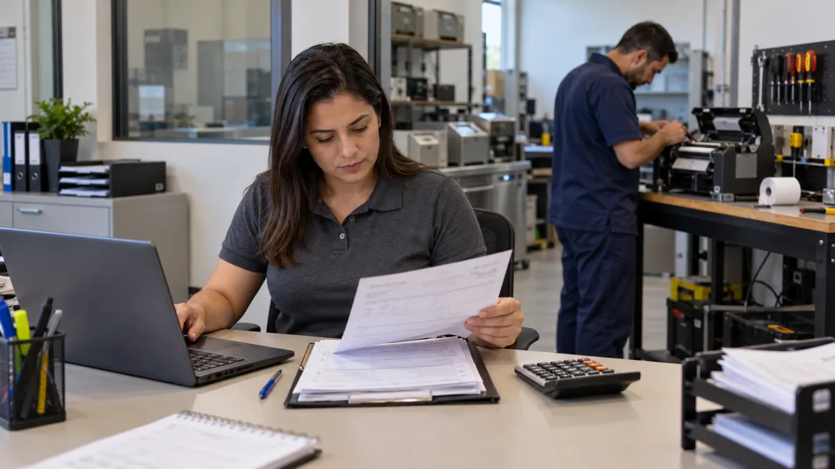 Visão de uma área administrativa integrada a uma oficina de assistência técnica