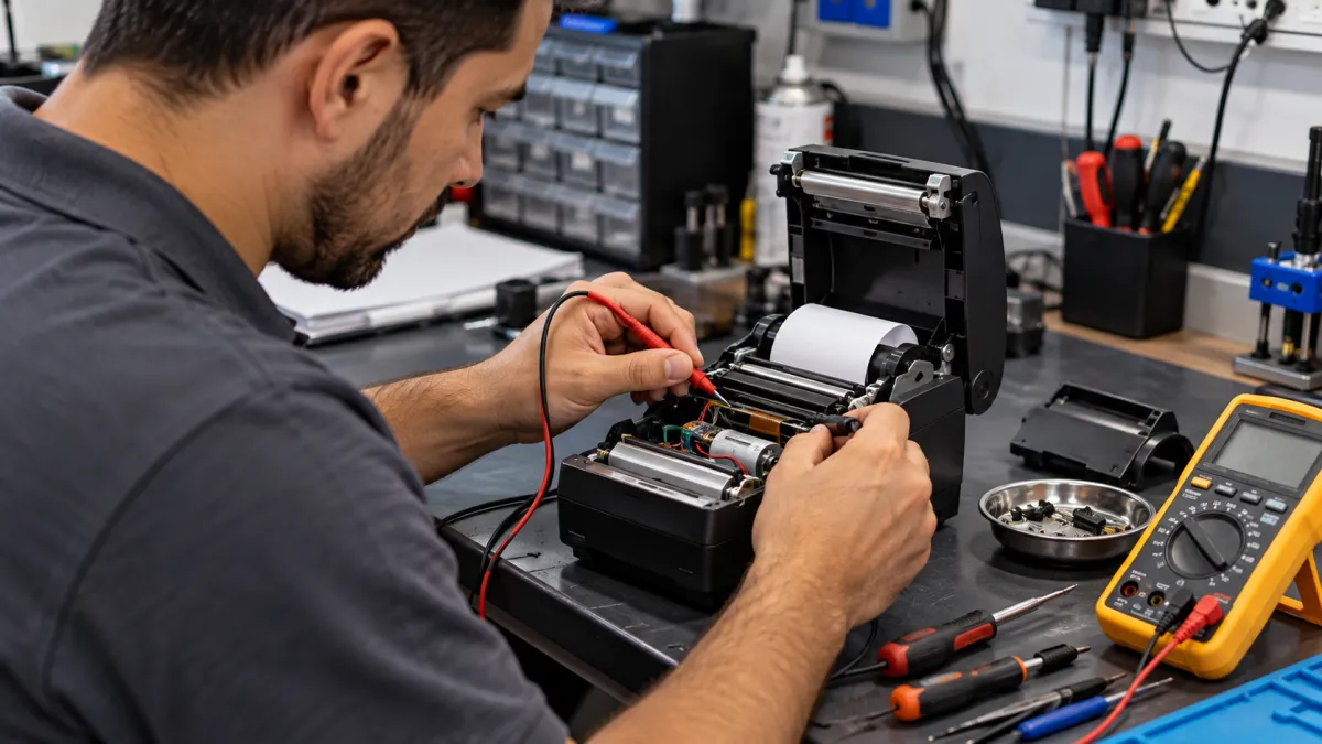 Técnico realizando testes de funcionamento em uma impressora térmica comercial