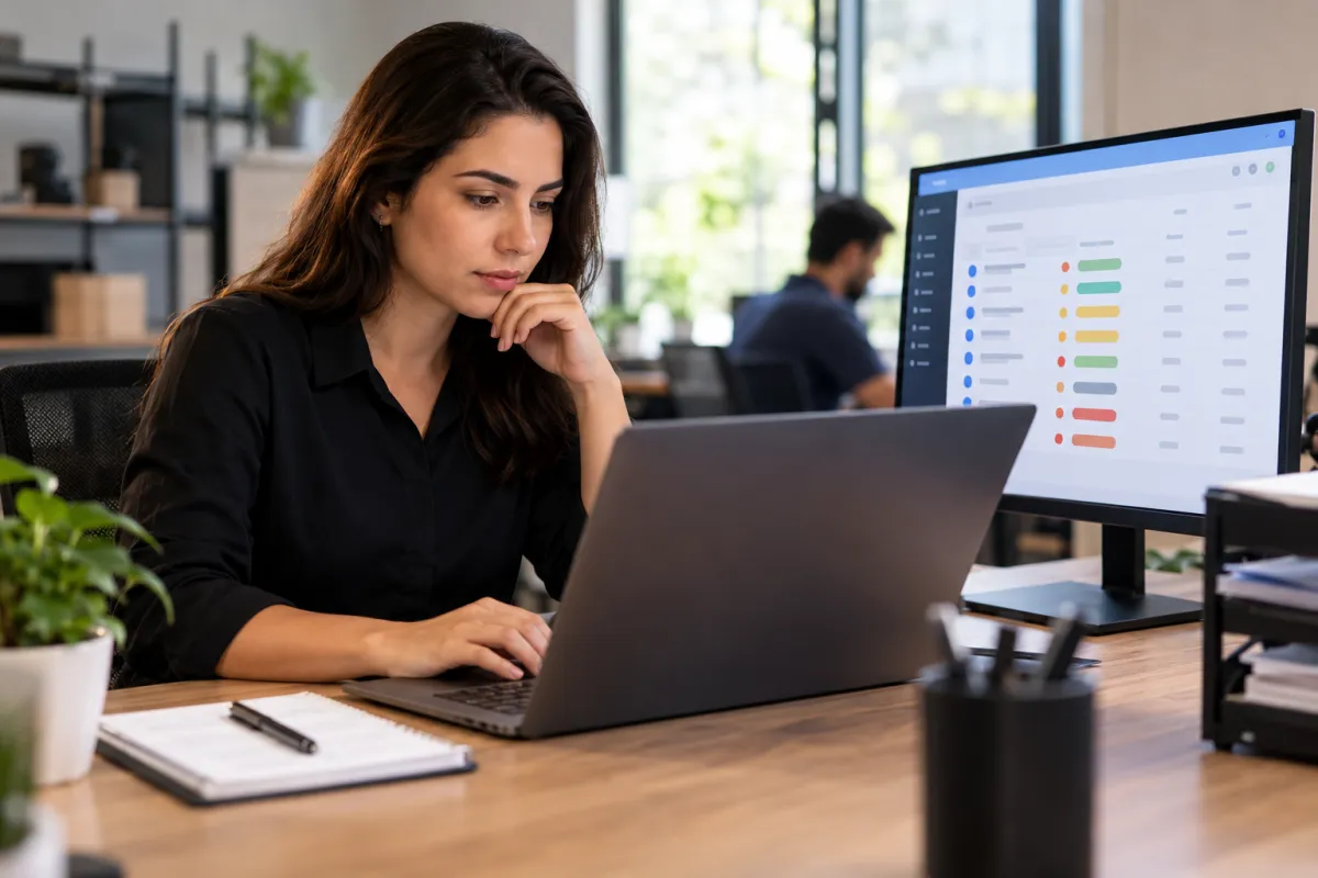 Profissional utilizando notebook para atualizar registros de atendimentos e acompanhar atividades administrativas.