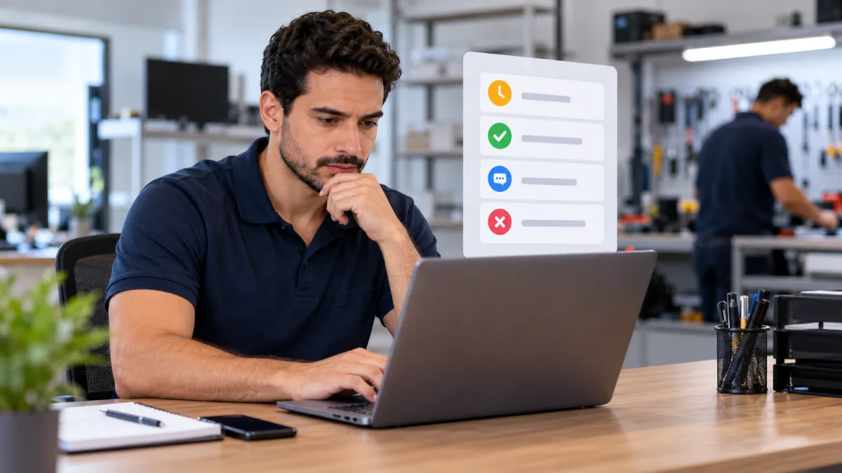 Gestor analisando os status de ordens de serviço para acompanhar aprovações pendentes.