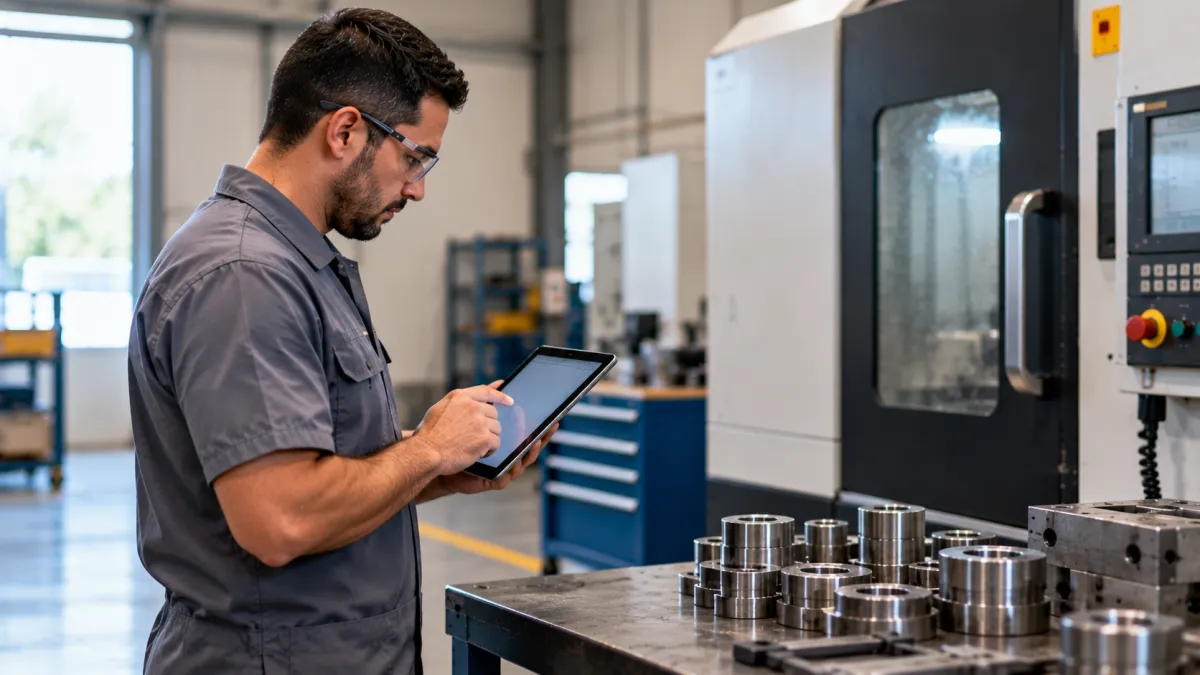 Operador em oficina industrial com tablet