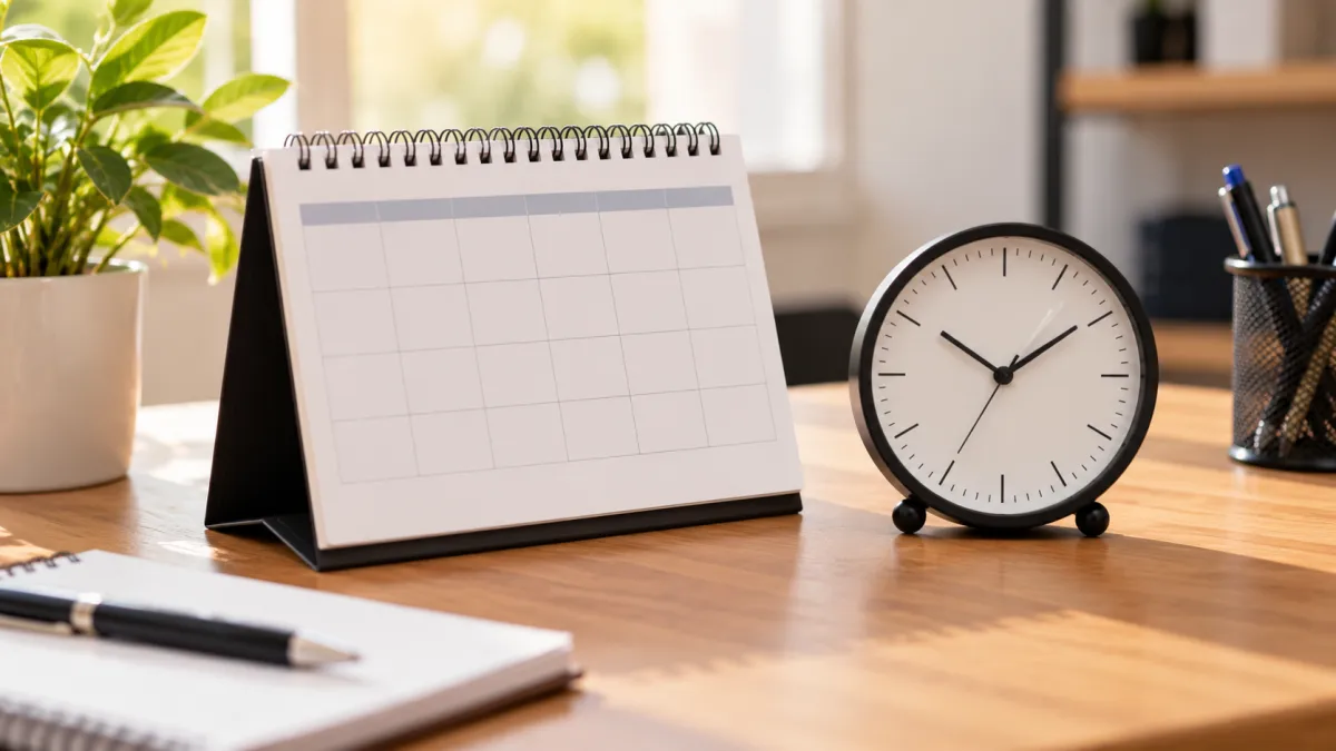 Mesa de escritório com relógio despertador preto, calendário em espiral e caneta sobre superfície de madeira, em ambiente iluminado ao fundo.