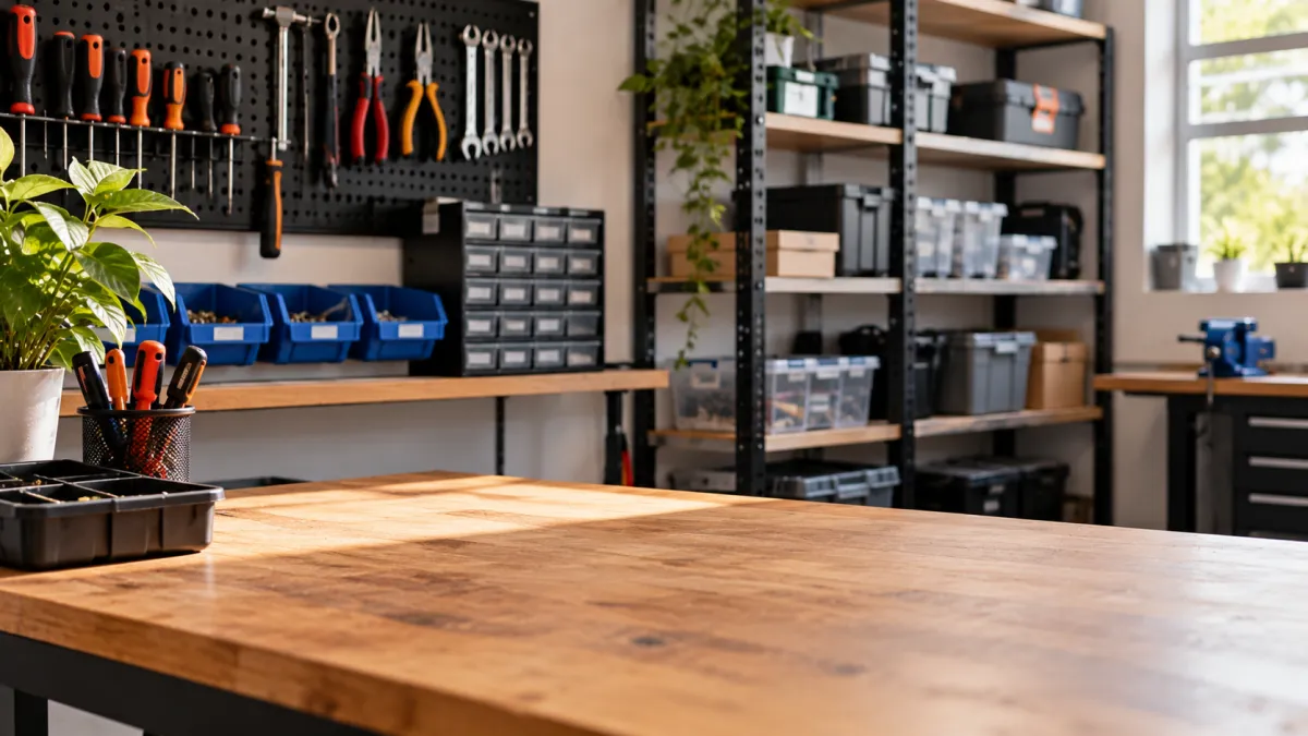 Área de trabalho de oficina organizada com bancada de madeira, ferramentas penduradas em painel perfurado e prateleiras com caixas de armazenamento e recipientes plásticos.