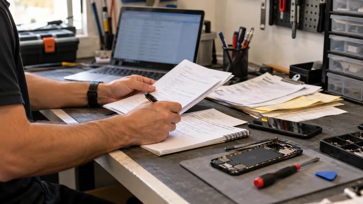 Pessoa em bancada de manutenção analisa e assina documentos com caneta enquanto equipamentos e peças eletrônicas estão organizados ao redor, em ambiente de trabalho