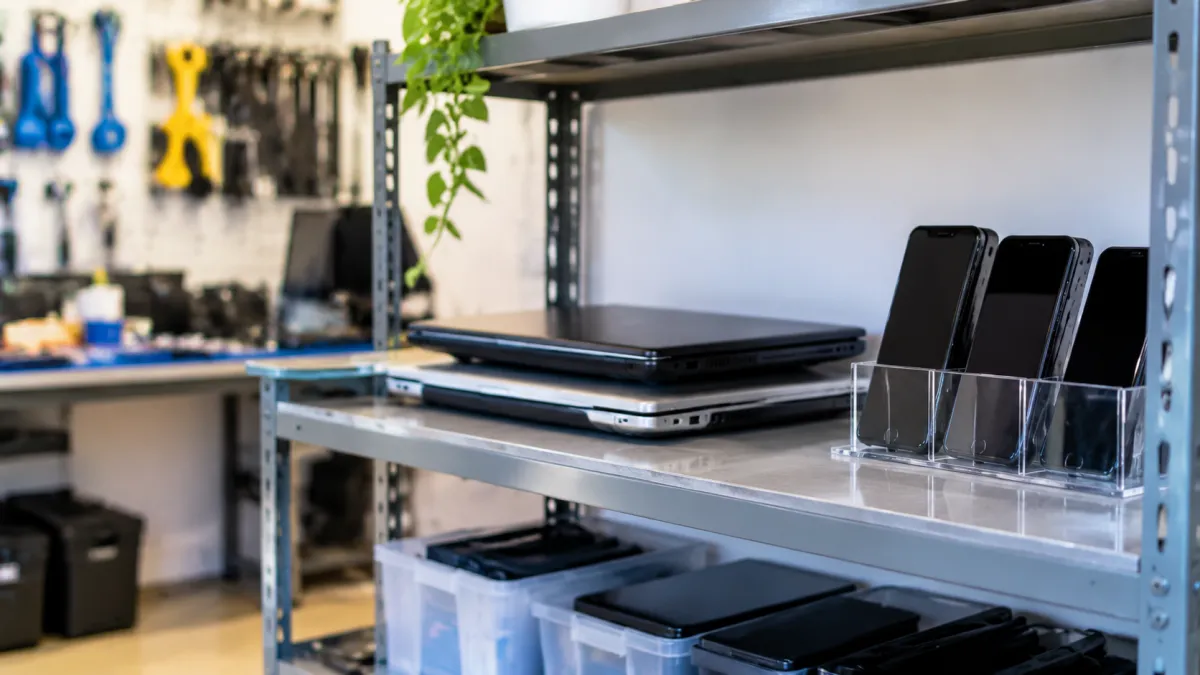 Cliente recebendo notebook reparado no balcão de uma assistência técnica.