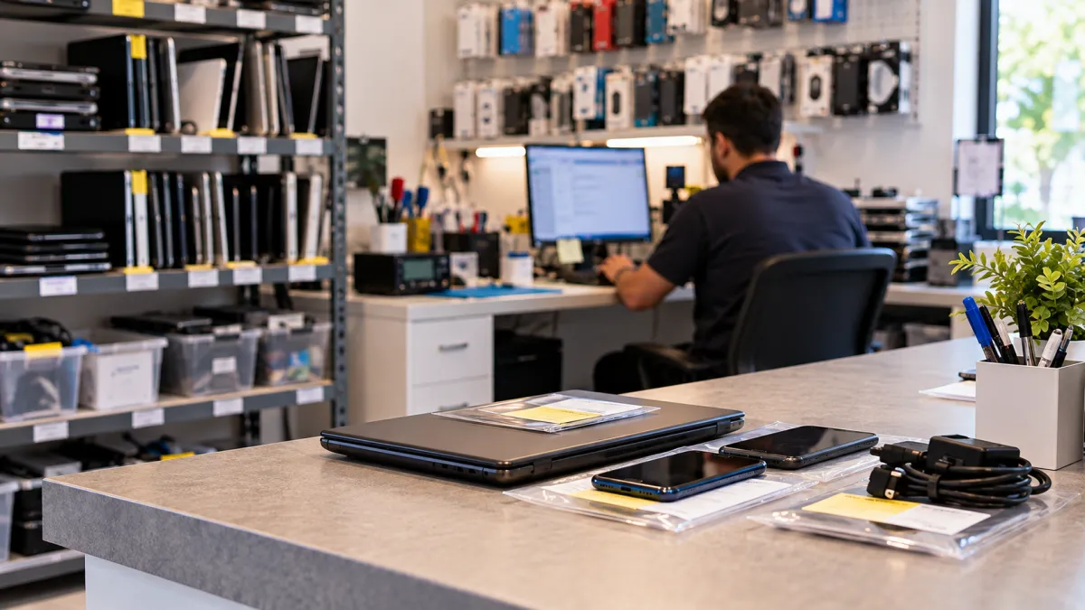 Funcionário conferindo documento com condições de atendimento e retirada de equipamento em assistência técnica.