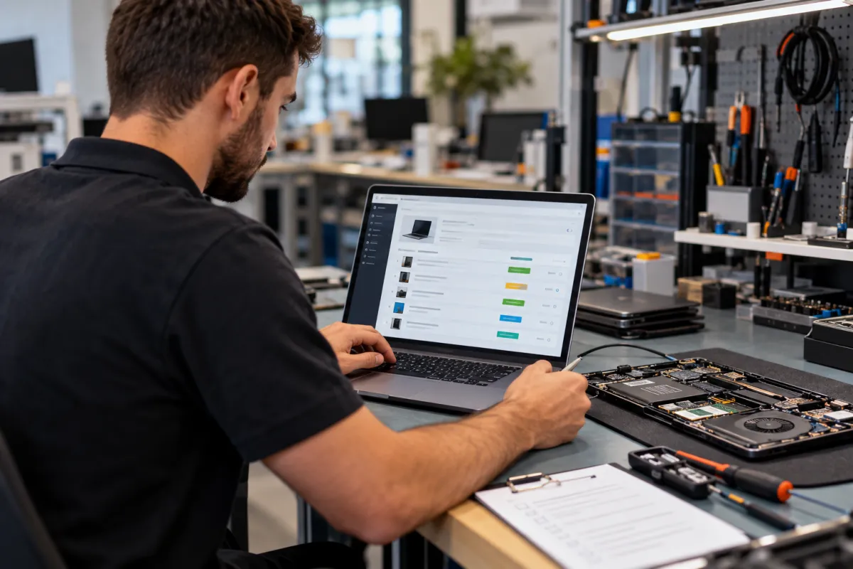 Técnico conferindo informações de manutenção e checklist de reparos em uma assistência técnica.