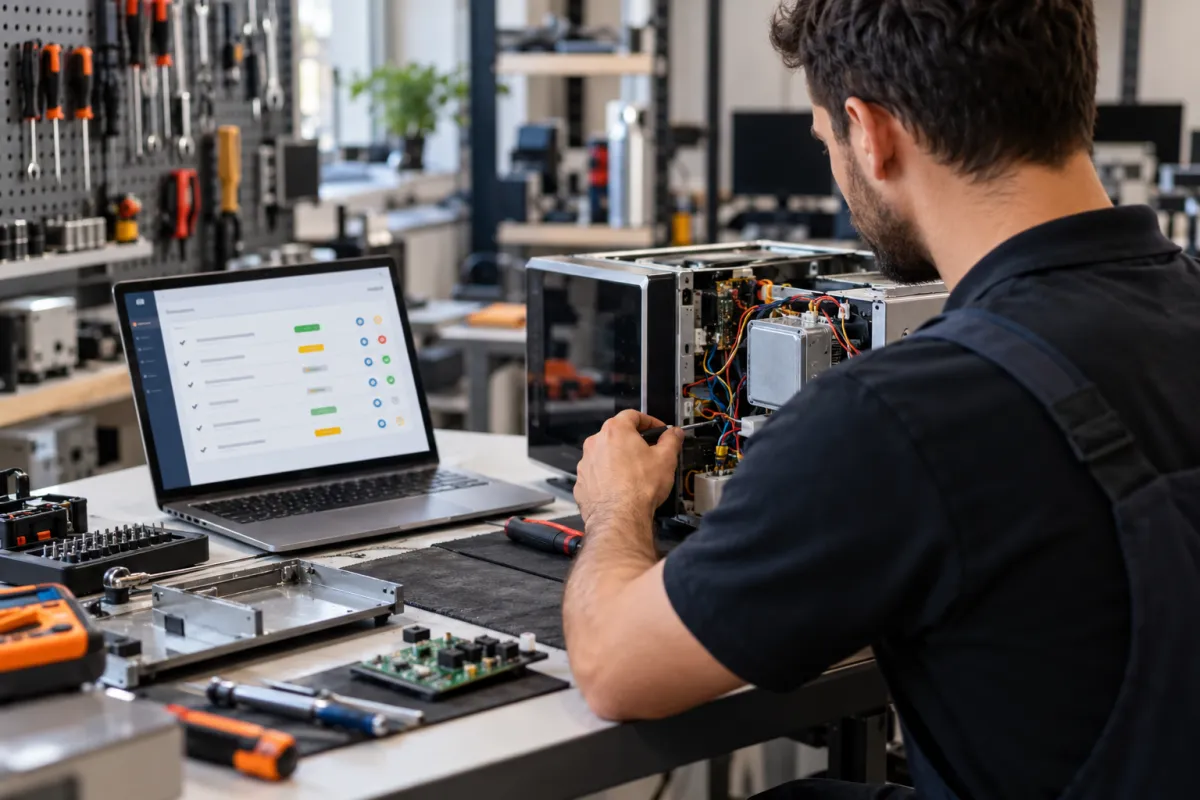 Técnico realizando manutenção em equipamento eletrônico com auxílio de um sistema de ordem de serviço.