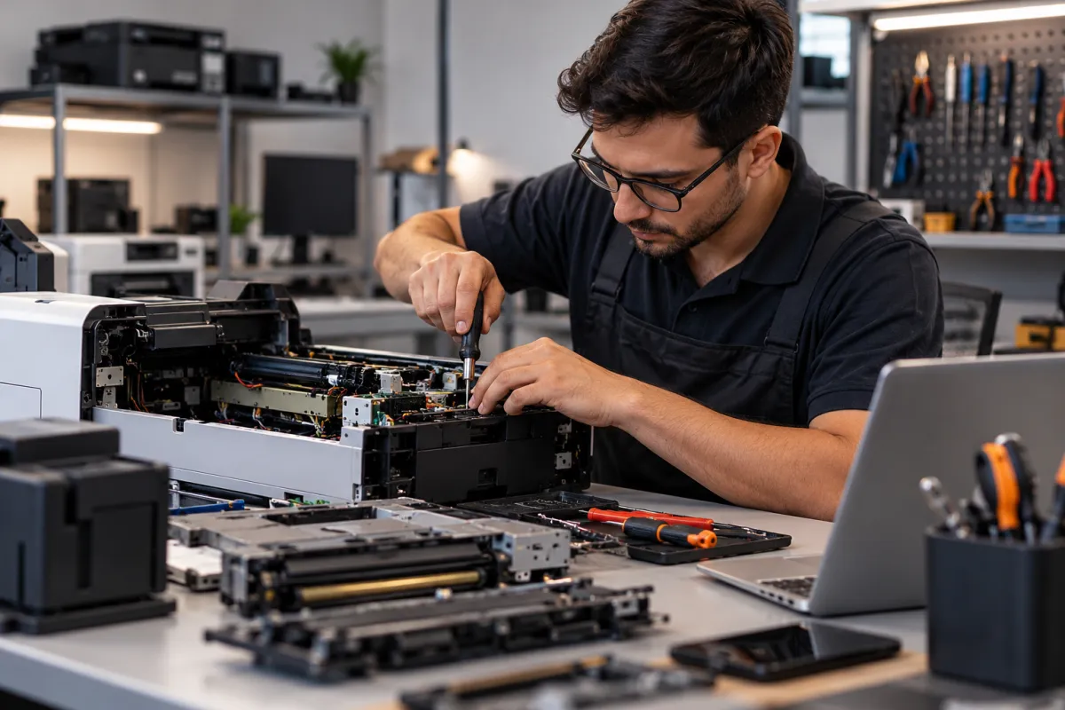 Técnico realizando manutenção em impressora aberta para identificar e corrigir falhas nos componentes internos.