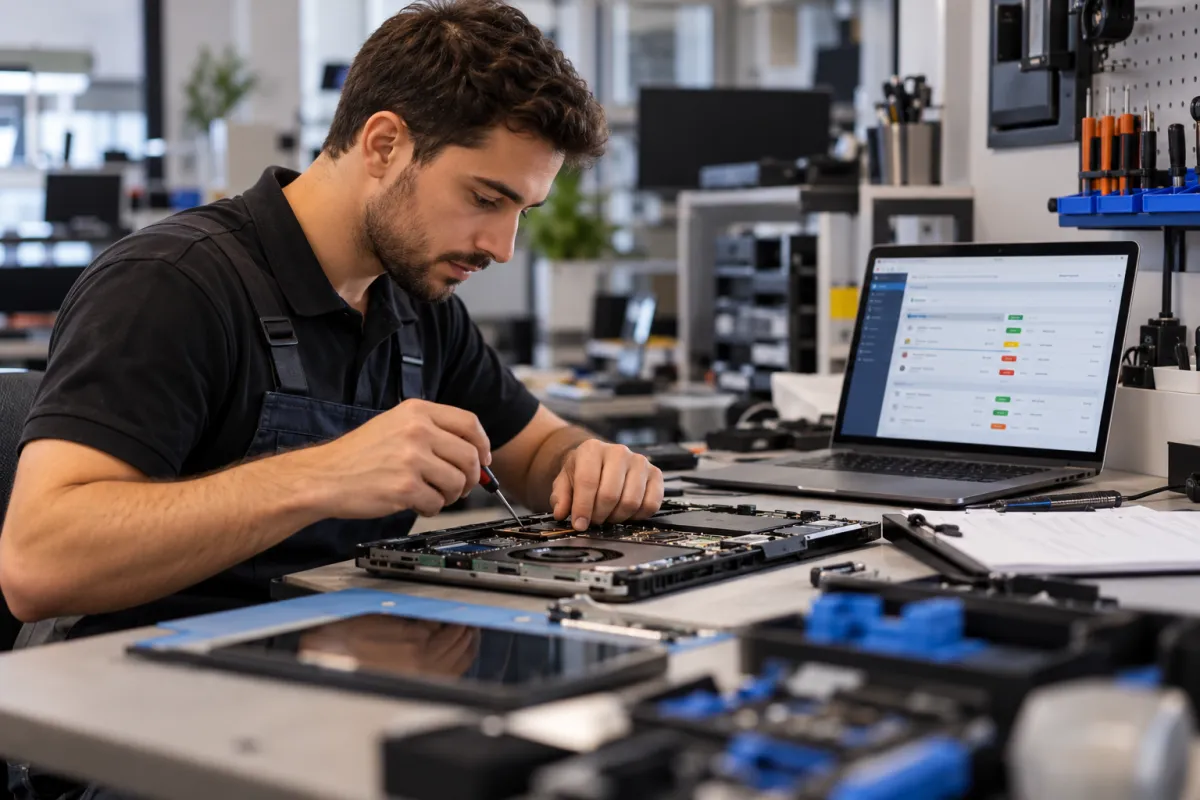 Técnico analisando componentes internos de um notebook durante o diagnóstico de defeitos.