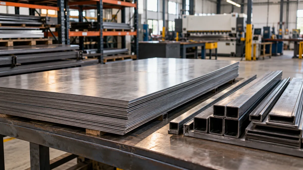 Oficina industrial com chapas e perfis metálicos