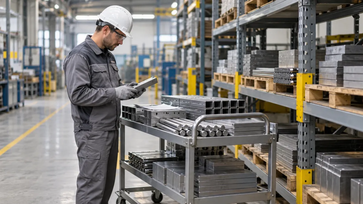 Profissional conferindo materiais no estoque industrial