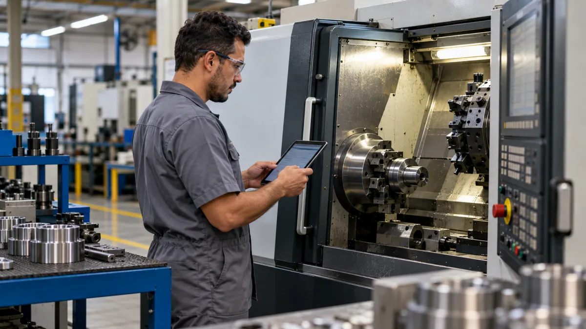 Operador utilizando tablet próximo à máquina CNC
