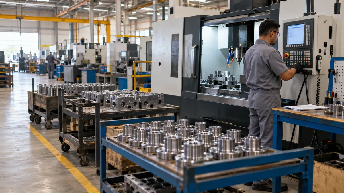Máquina CNC com peças aguardando processamento