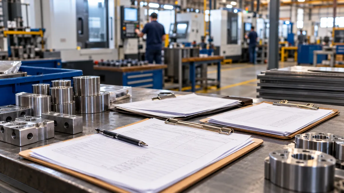 Ordens de produção organizadas sobre bancada em uma indústria metalúrgica.