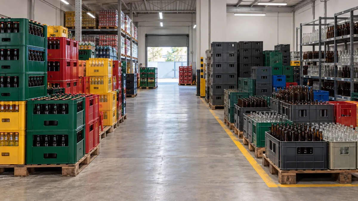 Separação entre estoque de bebidas e embalagens retornáveis.