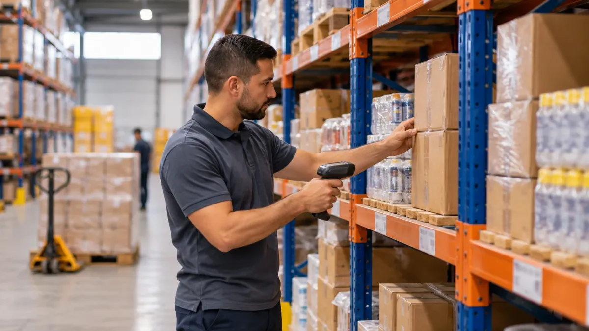 Funcionário localizando mercadorias em prateleiras organizadas de uma distribuidora