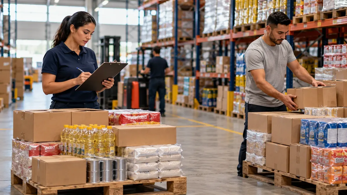 Profissionais separando caixas de mercadorias por pedido em um depósito