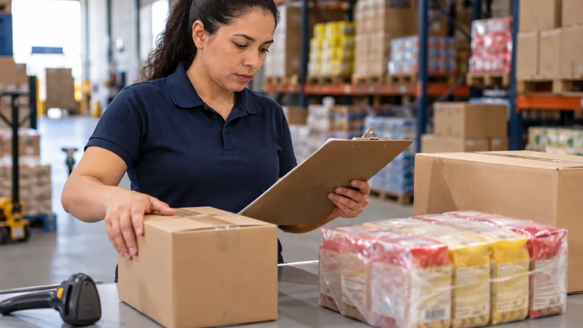 Funcionário conferindo produtos e quantidades antes da separação de um pedido