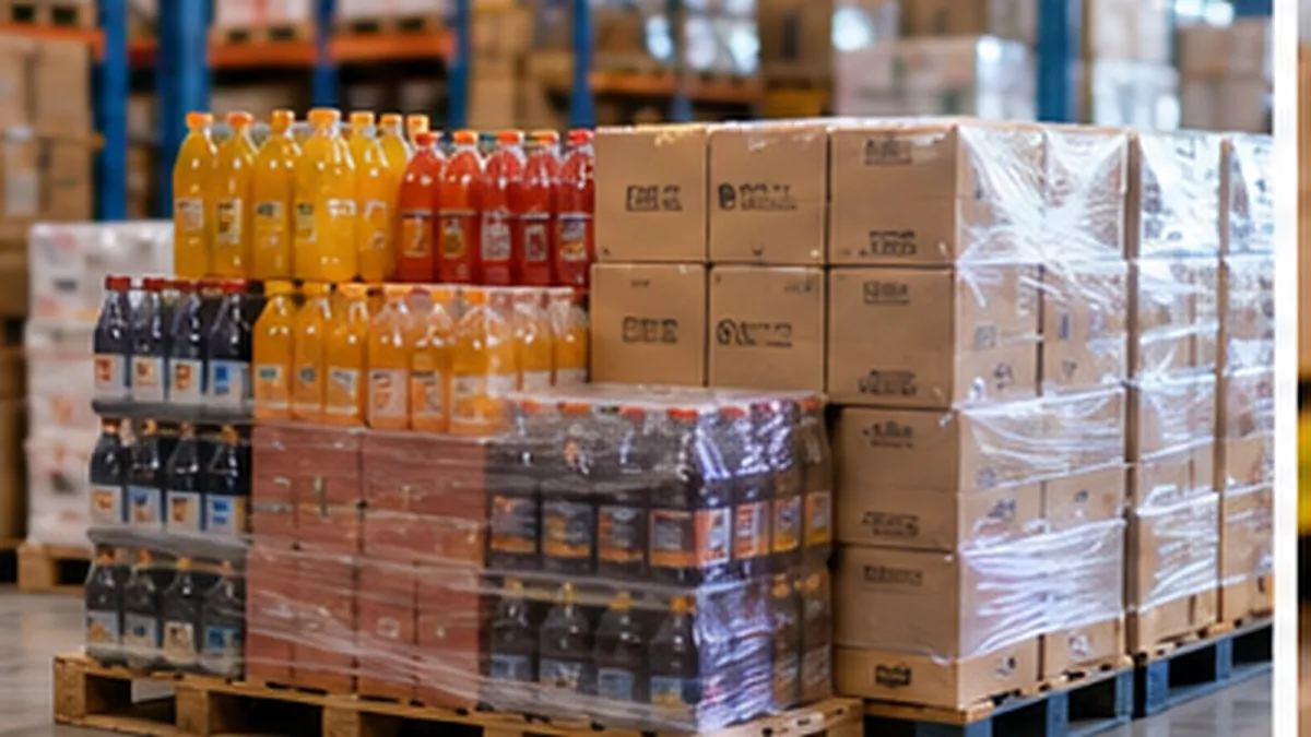 Palete com caixas e bebidas armazenadas no depósito de uma distribuidora, representando mercadorias que precisam de acompanhamento de estoque.