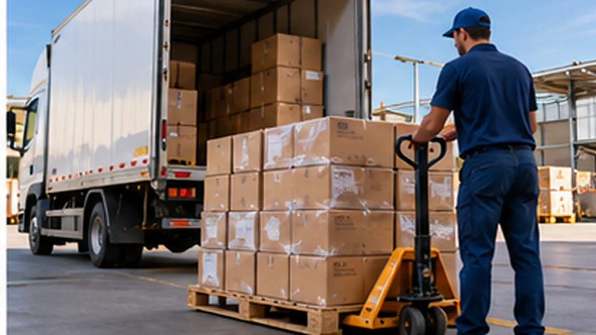 Funcionário movimenta palete com caixas ao lado de um caminhão de distribuição, durante a preparação de mercadorias para entrega.