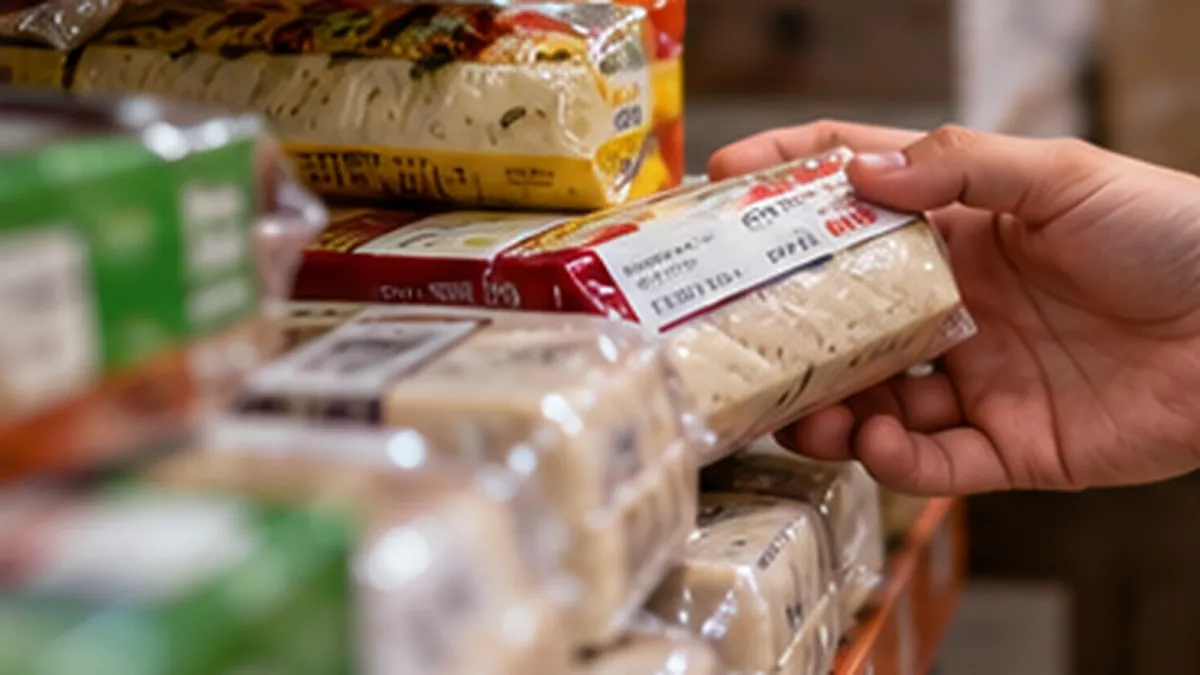 Profissional confere a embalagem de um alimento entre produtos organizados em prateleiras, representando o controle de lotes e validades.
