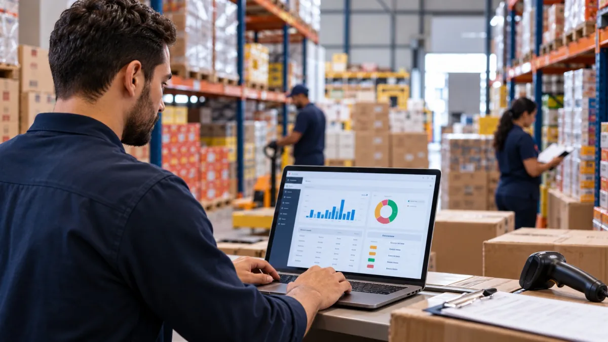 Funcionário de distribuidora acompanha indicadores de estoque em notebook, com mercadorias e caixas organizadas ao fundo.