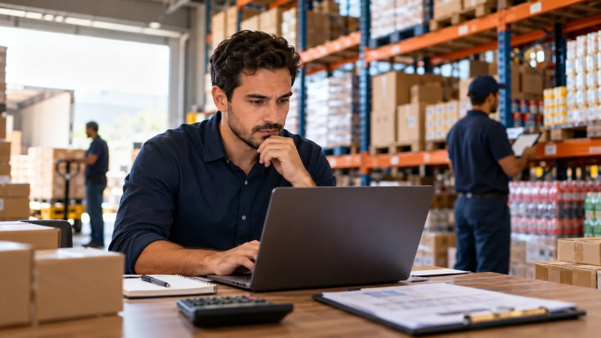 Gestor analisa informações de compras e estoque em notebook dentro de uma distribuidora, com caixas e prateleiras ao redor.