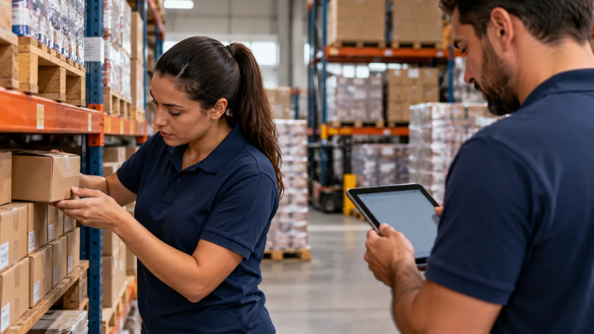 Funcionários realizam contagem física de produtos e consultam registros de estoque em uma distribuidora.