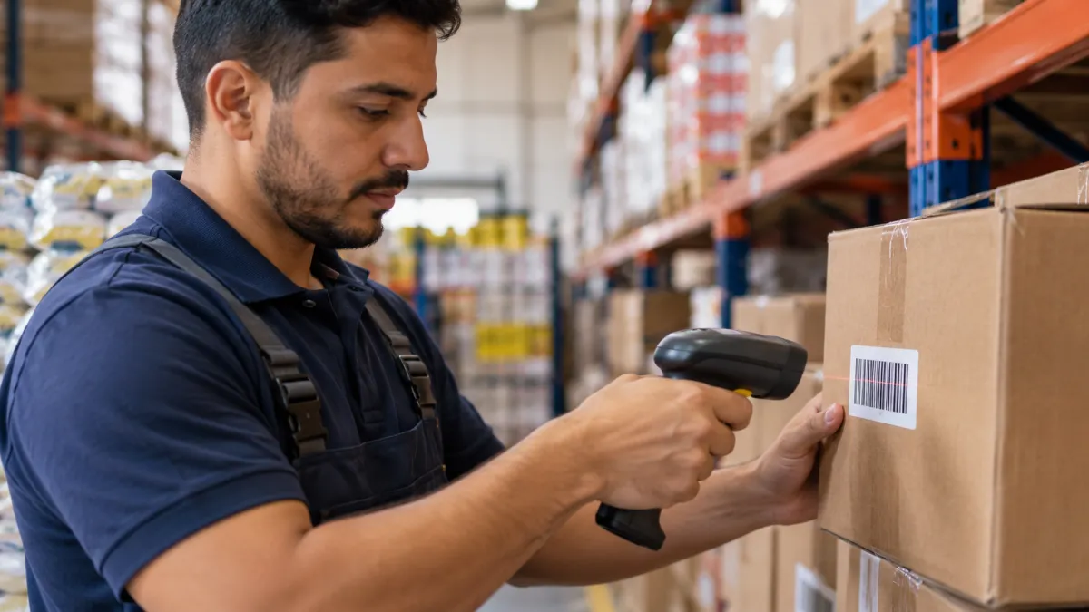 Funcionário utiliza leitor de código de barras para conferir uma caixa de mercadorias no estoque da distribuidora.