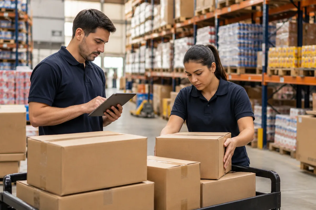 Dois funcionários conferem e organizam caixas de produtos para expedição no depósito de uma distribuidora.