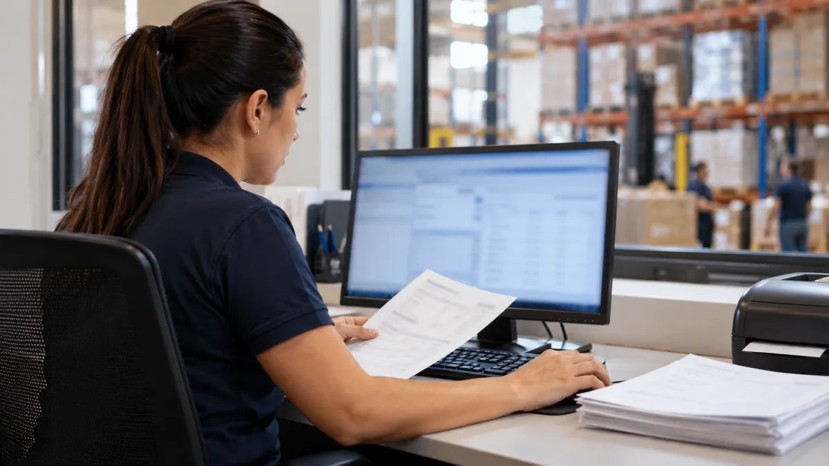 Funcionária confere documentos e dados de faturamento no computador em escritório de uma distribuidora.