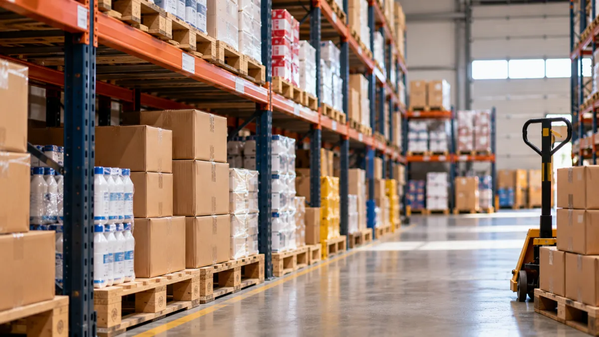 Armazém organizado com estantes e pallets