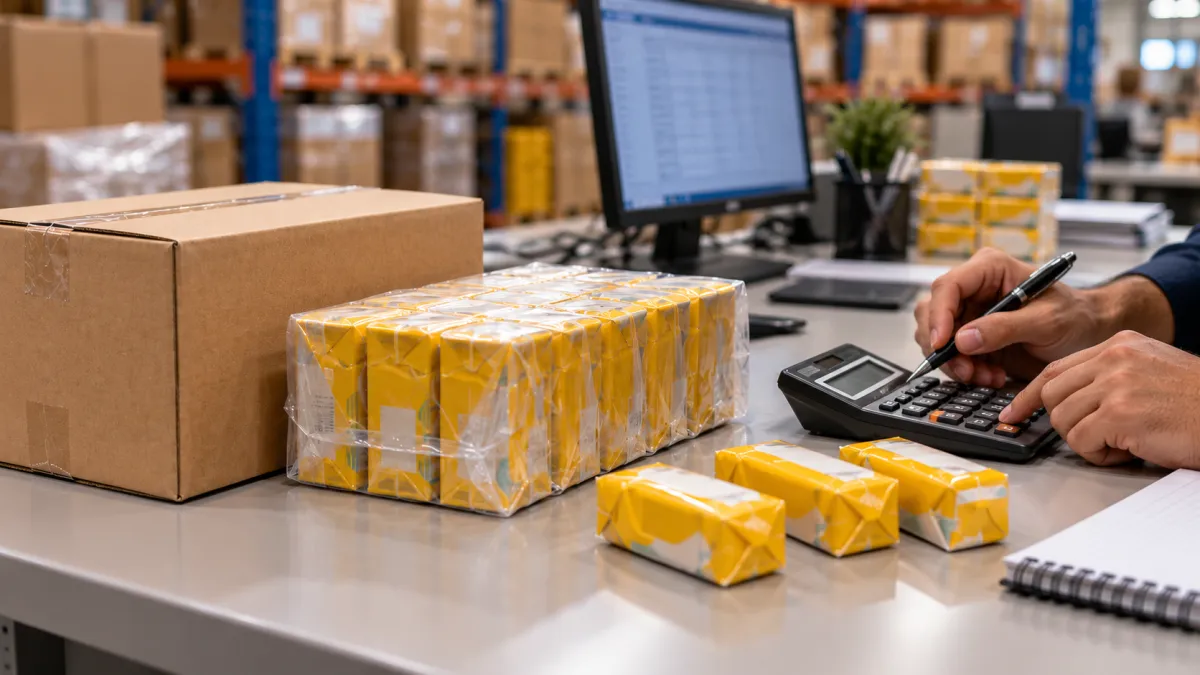 Cálculo de preços de produtos vendidos por caixa, pacote e unidade.