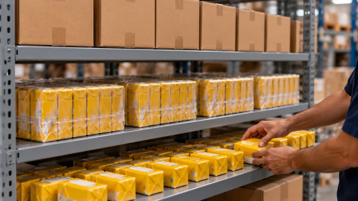 Produtos organizados em prateleiras por apresentação em uma distribuidora.
