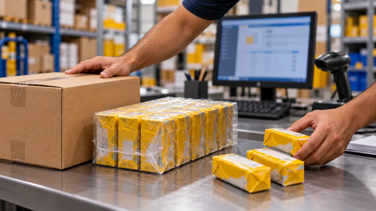 Funcionário conferindo mercadorias recebidas em caixas dentro de uma distribuidora.
