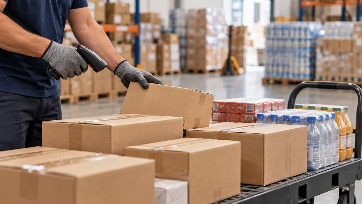 Funcionário conferindo e organizando caixas de produtos para entrega em uma distribuidora.