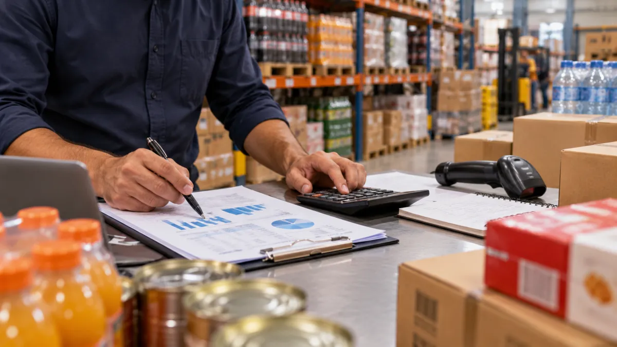Profissional calculando custos e margens de produtos comercializados por uma distribuidora.