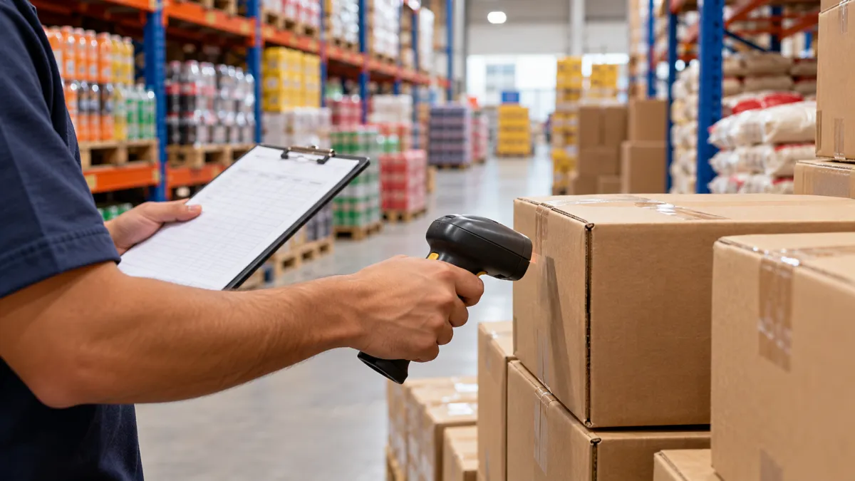 Colaborador conferindo caixas de mercadorias com leitor de código de barras no estoque.
