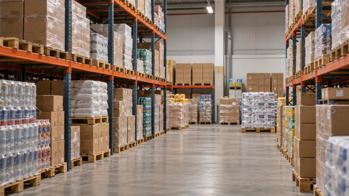 Corredor de distribuidora com caixas e mercadorias armazenadas em prateleiras e paletes.