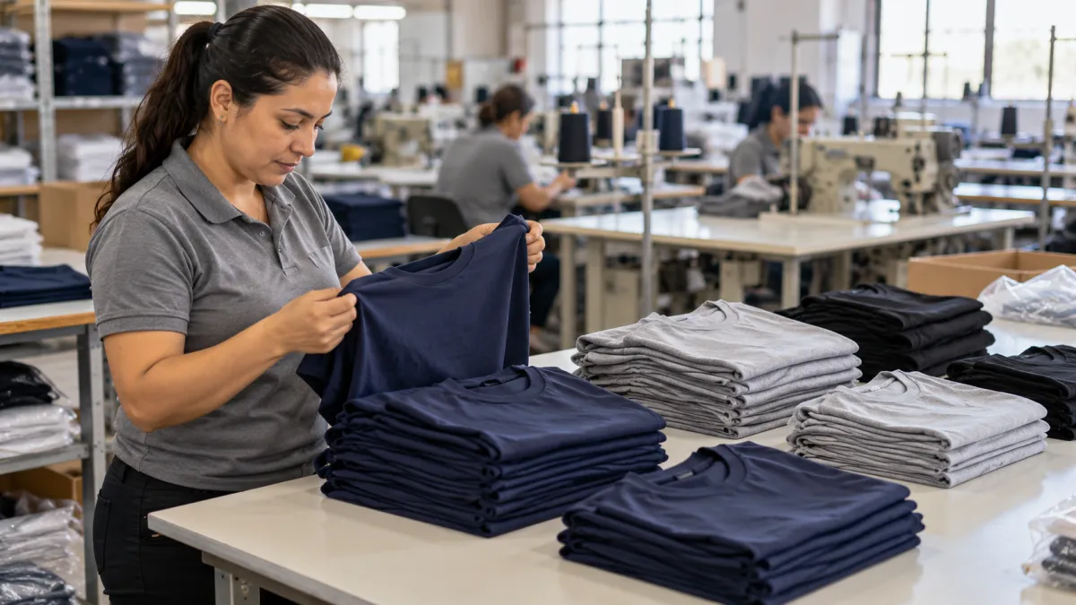 Funcionária de uma confecção conferindo manualmente lotes de camisetas separadas por tamanho