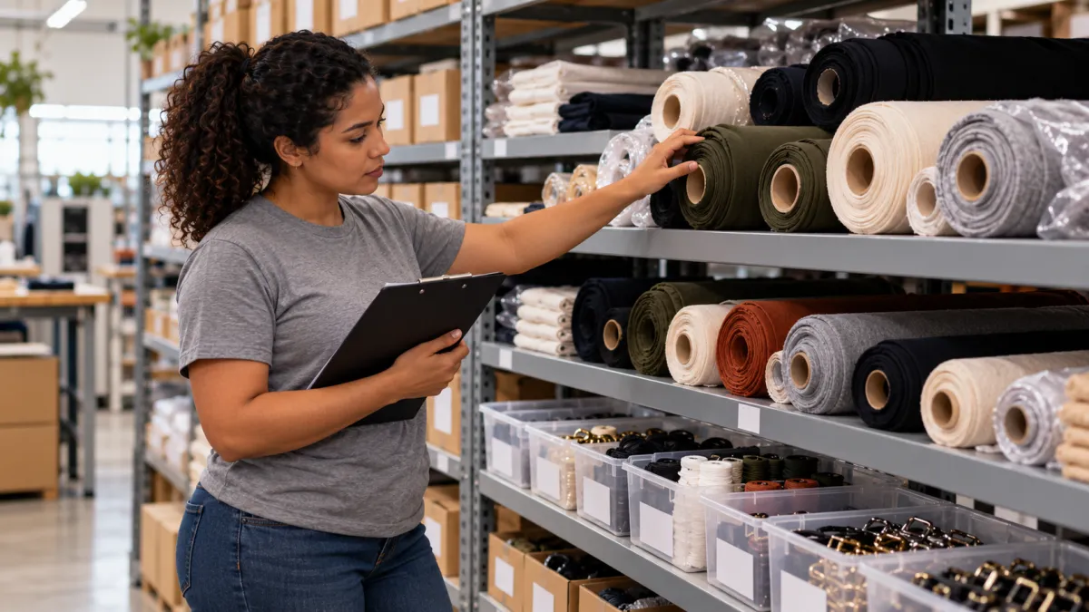 Funcionária realizando inventário rotativo de tecidos e conferindo materiais armazenados no estoque de uma confecção.