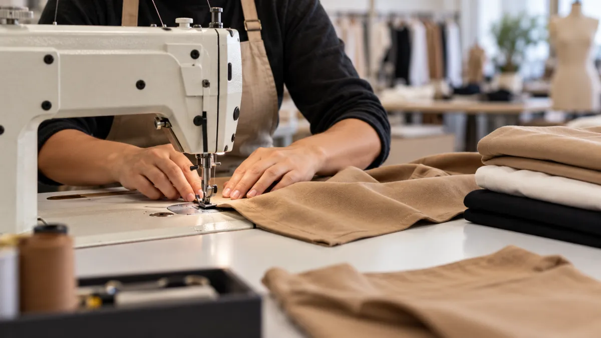 Profissional costurando uma peça de roupa em máquina industrial.
