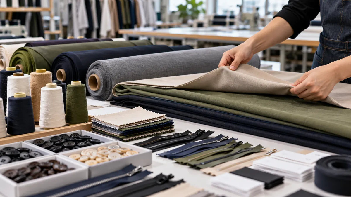 Conferência de tecidos, linhas e aviamentos antes do início da produção de roupas.