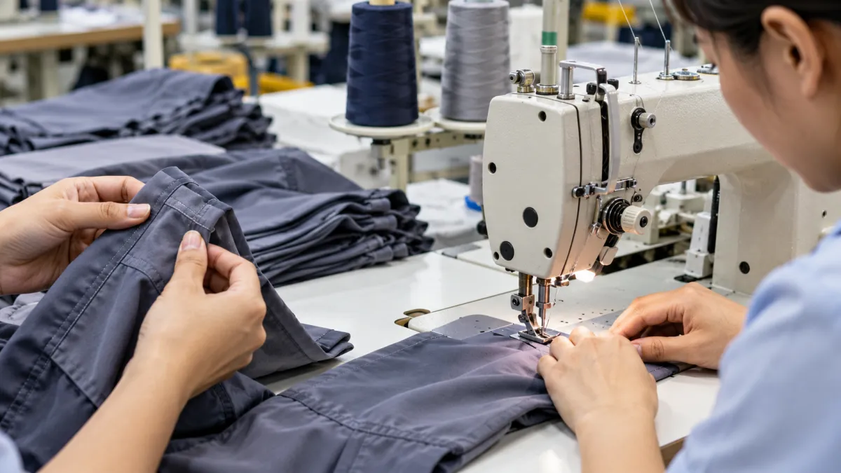 Inspeção de costuras em peça de roupa durante a fabricação com máquina industrial.