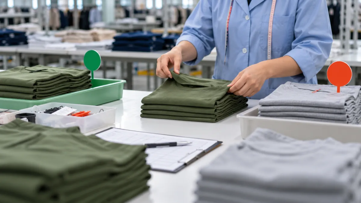 Separação de roupas aprovadas e peças com defeitos durante a inspeção de qualidade.