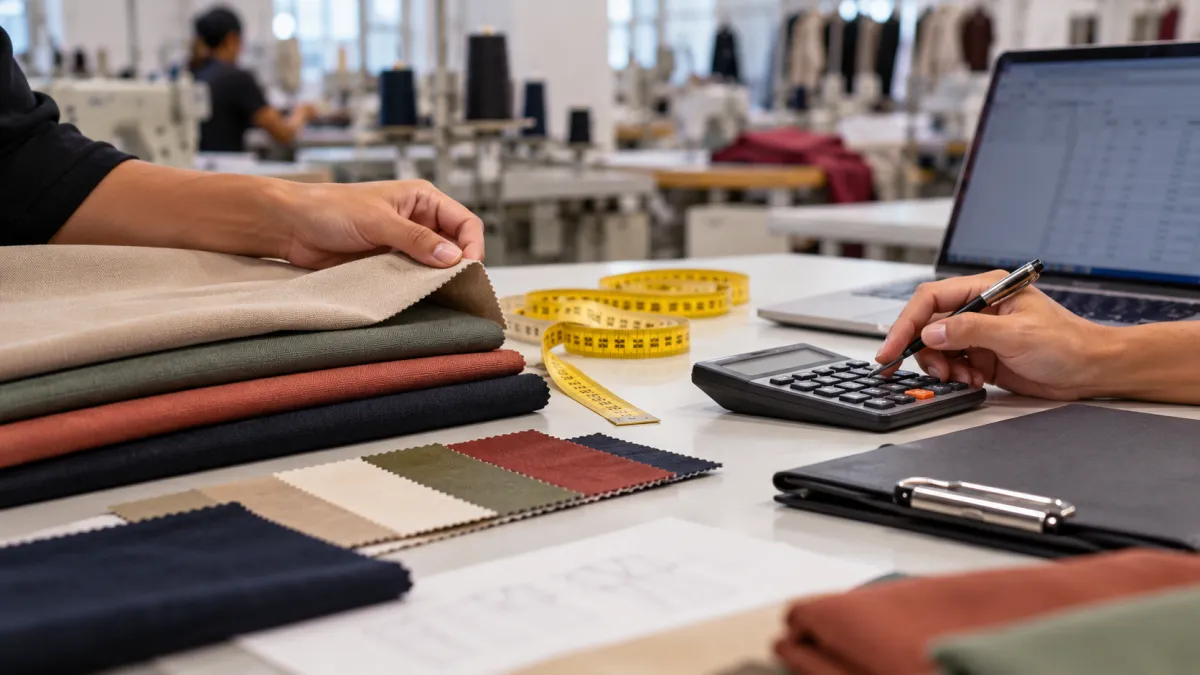 Profissional calculando a capacidade produtiva com tecidos e calculadora sobre a mesa.